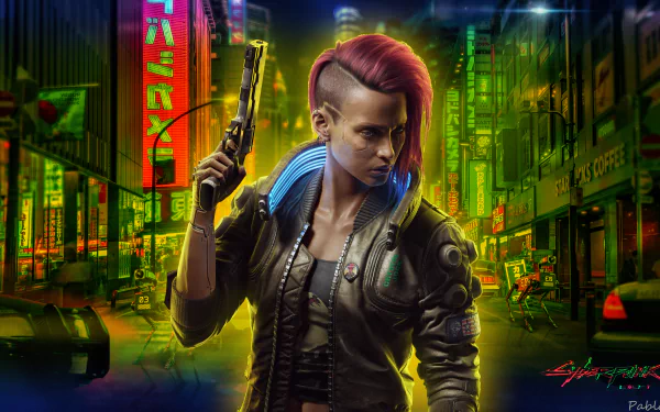 V (Cyberpunk 2077) in a leather jacket with pink undercut, pistol raised in a neon-soaked city street — 4K Ultra HD PC desktop wallpaper/background, video game art.