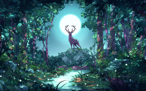 Fantasy scene of a majestic deer with glowing antlers standing on a rock under a bright full moon in a mystical forest, captured in stunning 4K Ultra HD PC desktop wallpaper quality.