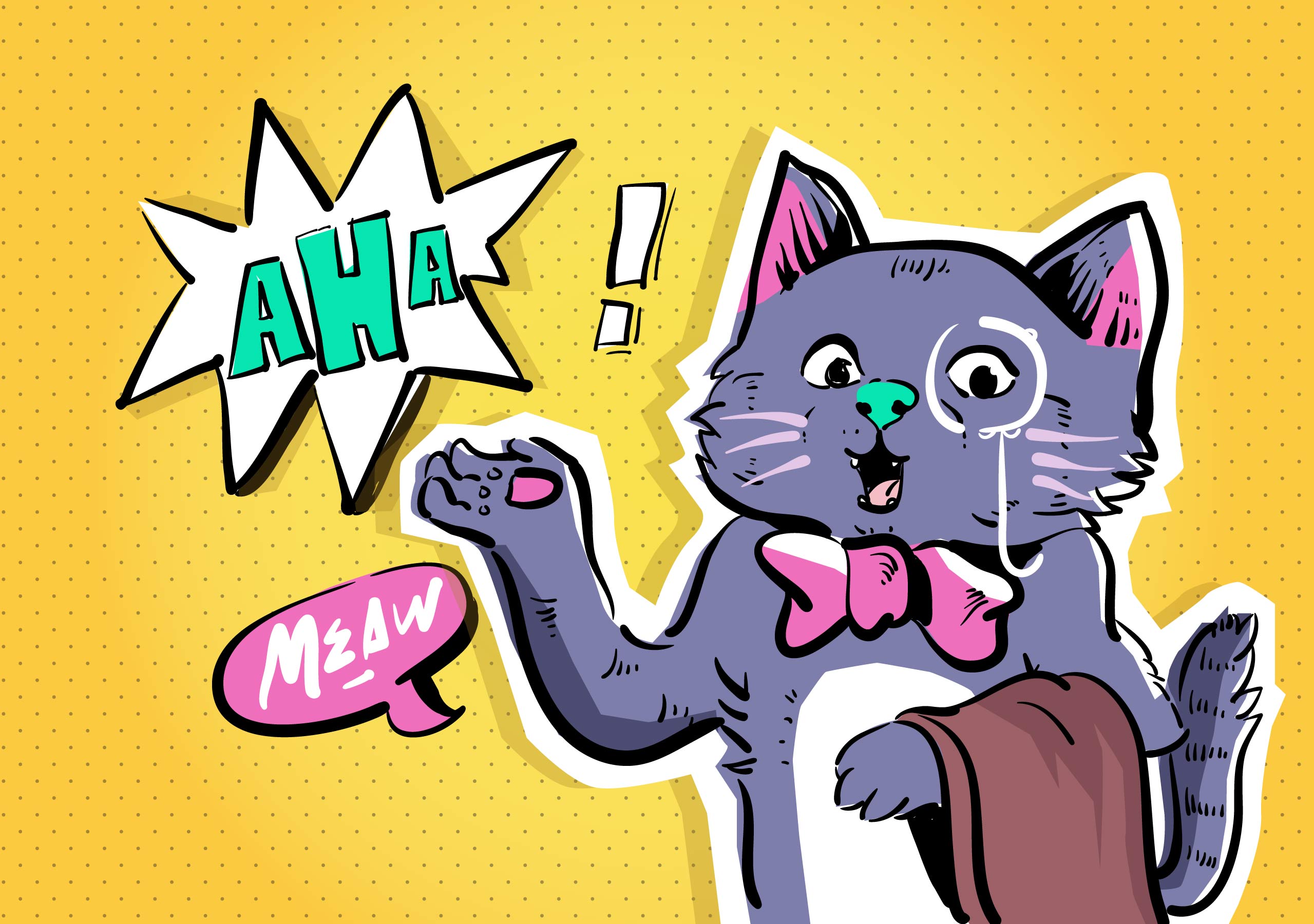 Colorful pop art style illustration of a surprised cat with 'AHA!' and 'Meow' speech bubbles, perfect for HD desktop wallpaper and background.