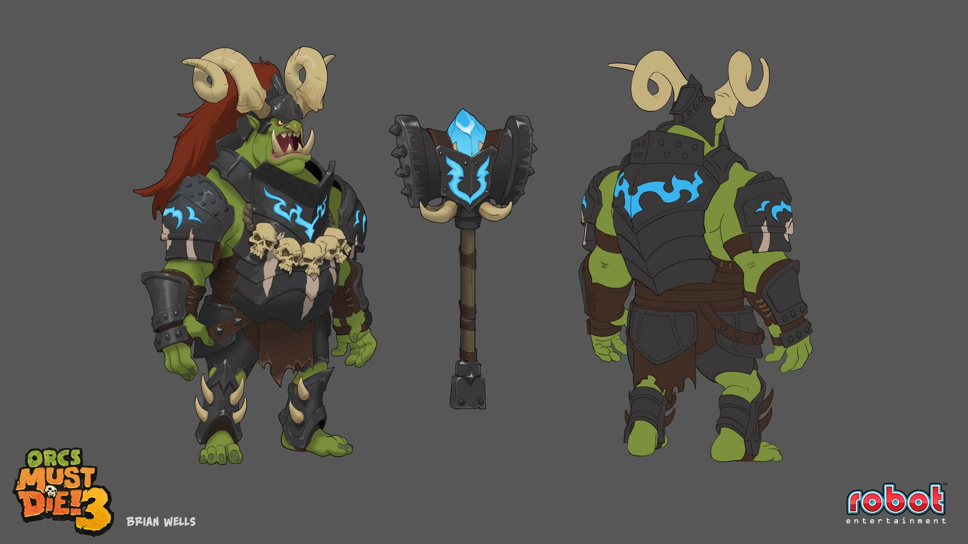 Orcs Must Die! 3 character design HD wallpaper featuring an armored orc with blue energy accents, carrying a large hammer, viewed from different angles.