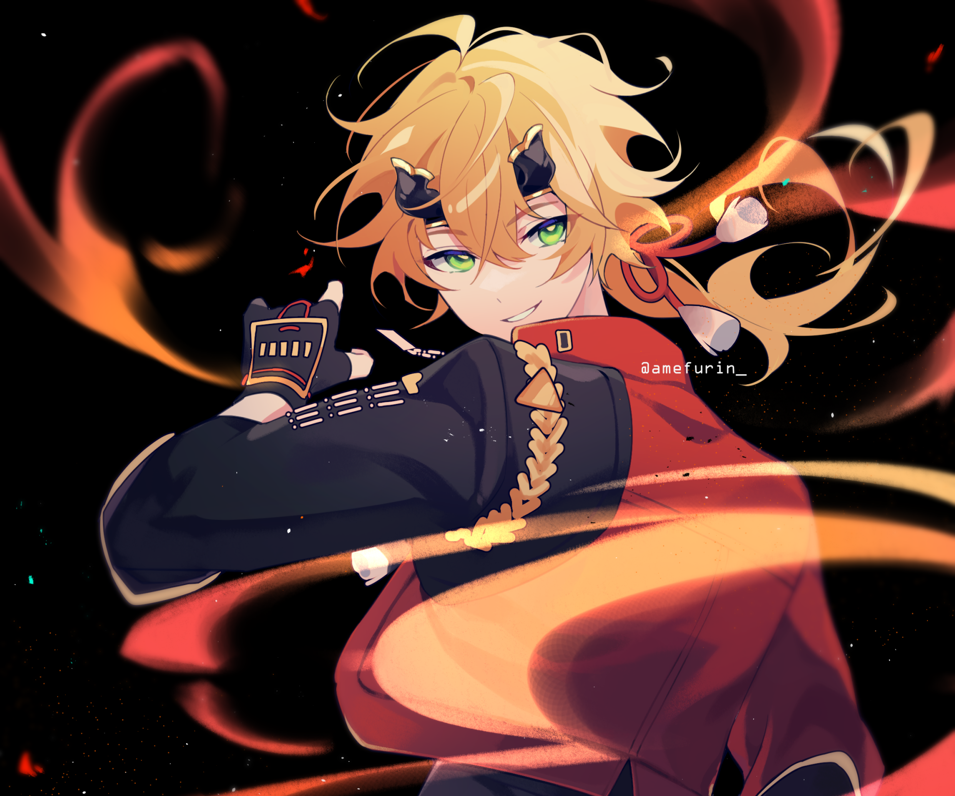 HD PC wallpaper of Thoma (Genshin Impact), a character from the video game Genshin Impact, posed with flowing hair and red-orange flame ribbons against a dark starry background.