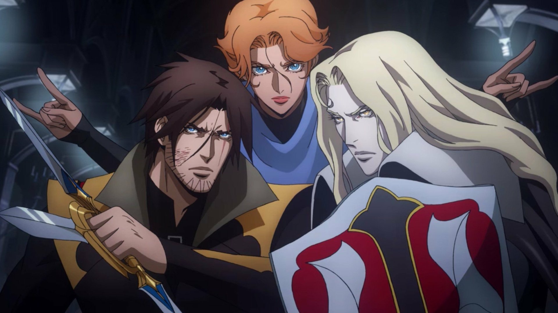 HD anime-style wallpaper featuring Alucard, Trevor Belmont, and Sypha Belnades from Castlevania in a dramatic, dark setting.