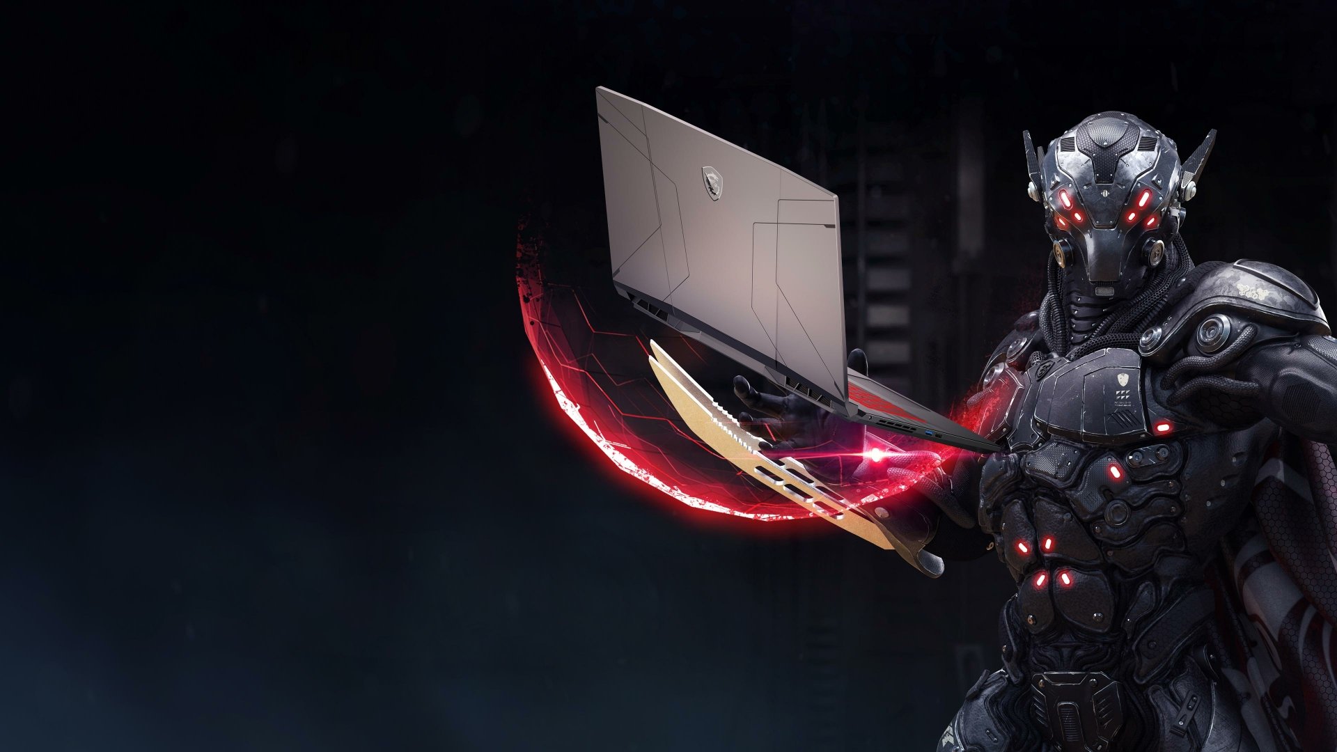 4K Ultra HD PC desktop wallpaper featuring MSI technology: a futuristic armored cyborg holding an open laptop with glowing red energy trails against a dark industrial background.