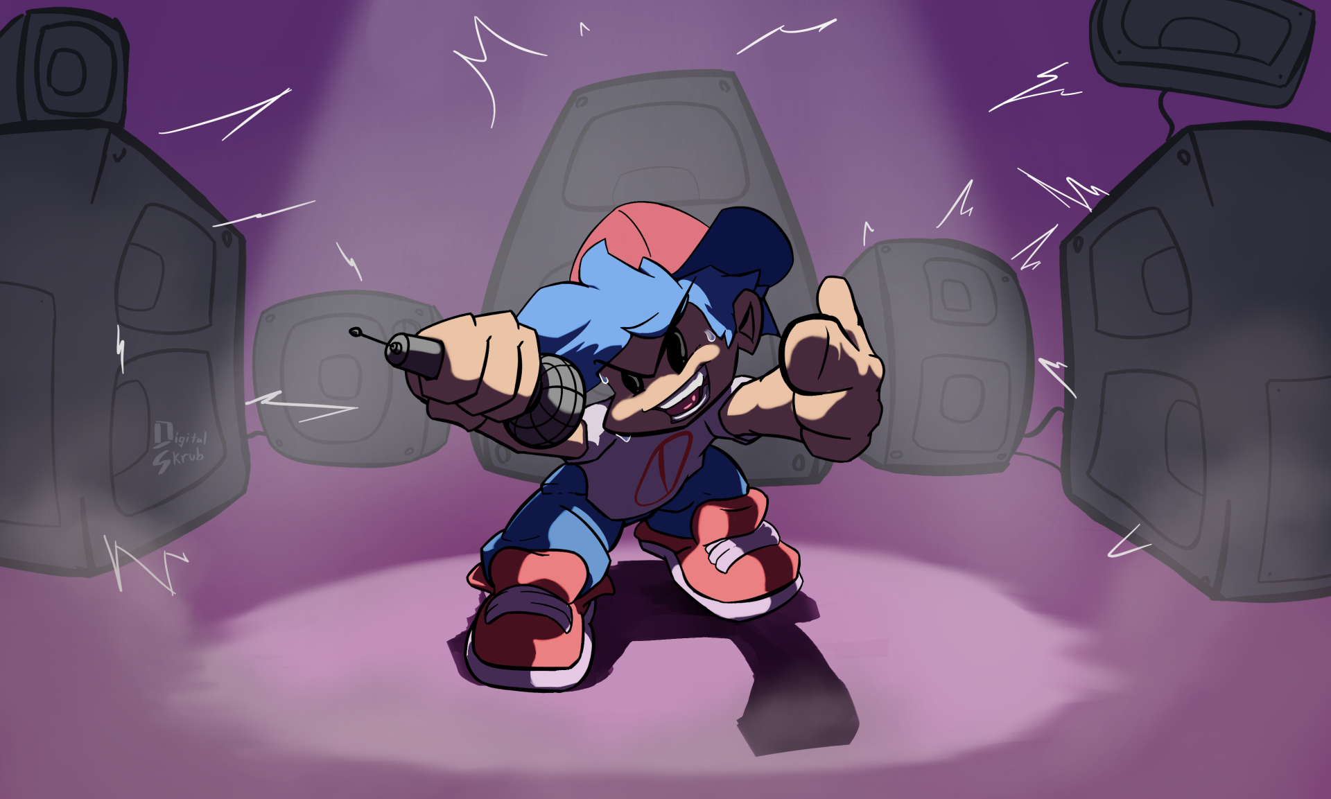 HD desktop wallpaper featuring a dynamic scene from the video game Friday Night Funkin', showcasing the main character singing with speakers in the background.