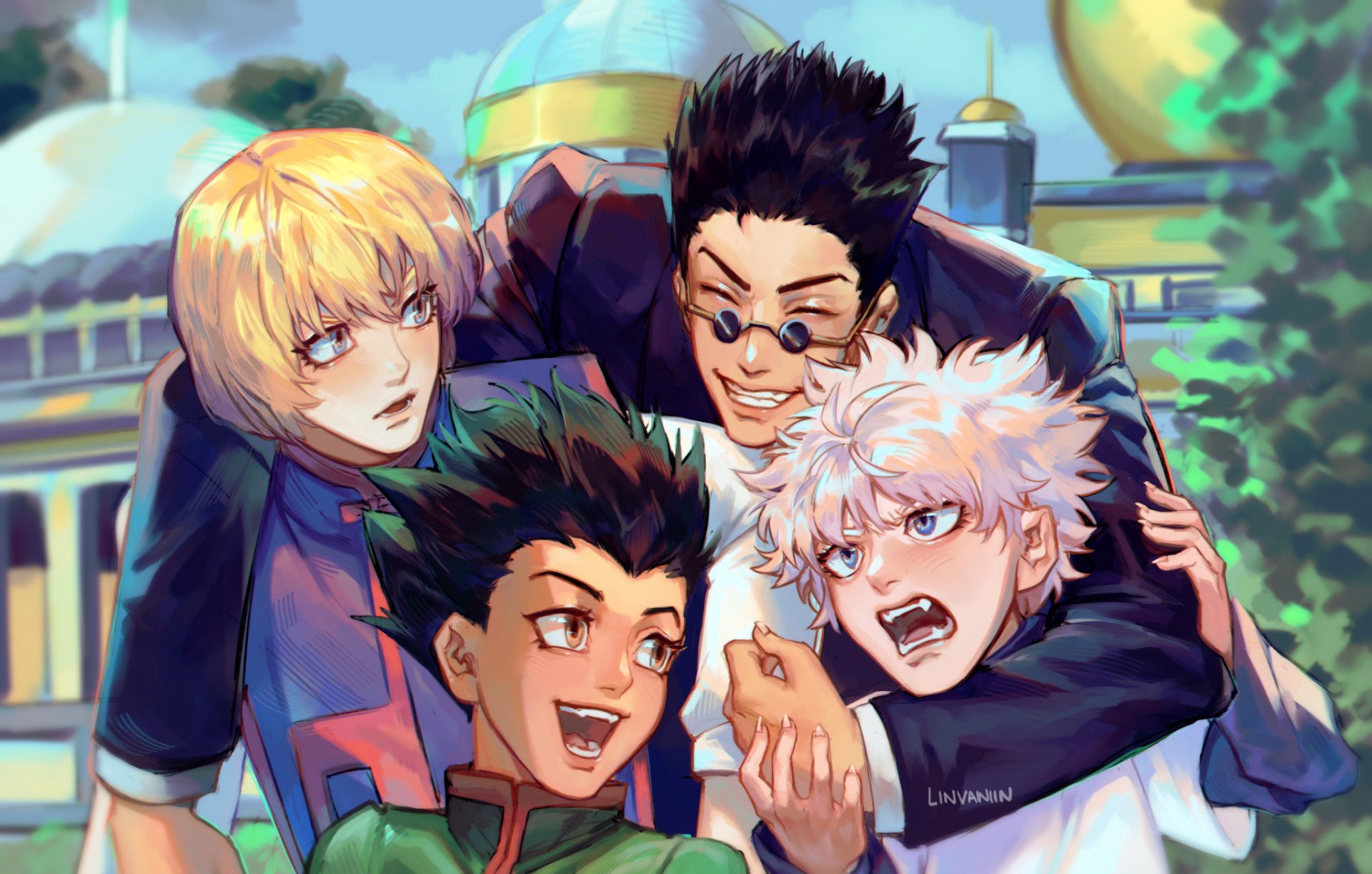 HD anime wallpaper featuring Kurapika, Leorio Paradinight, Killua Zoldyck, and Gon Freecss from Hunter × Hunter in a vibrant outdoor setting.