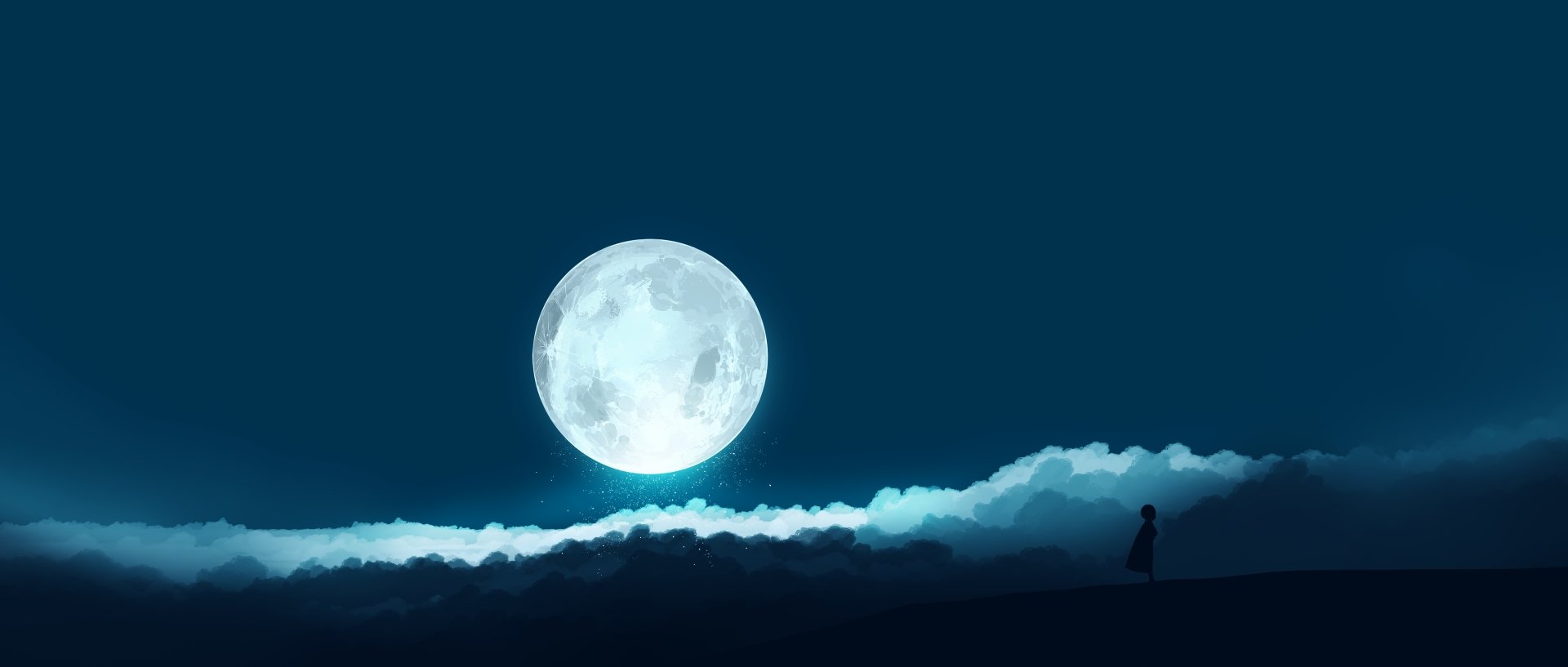 Anime girl silhouette gazes at a bright full moon above clouds in a serene night sky, rendered in 4K Ultra HD for a vivid PC desktop wallpaper.