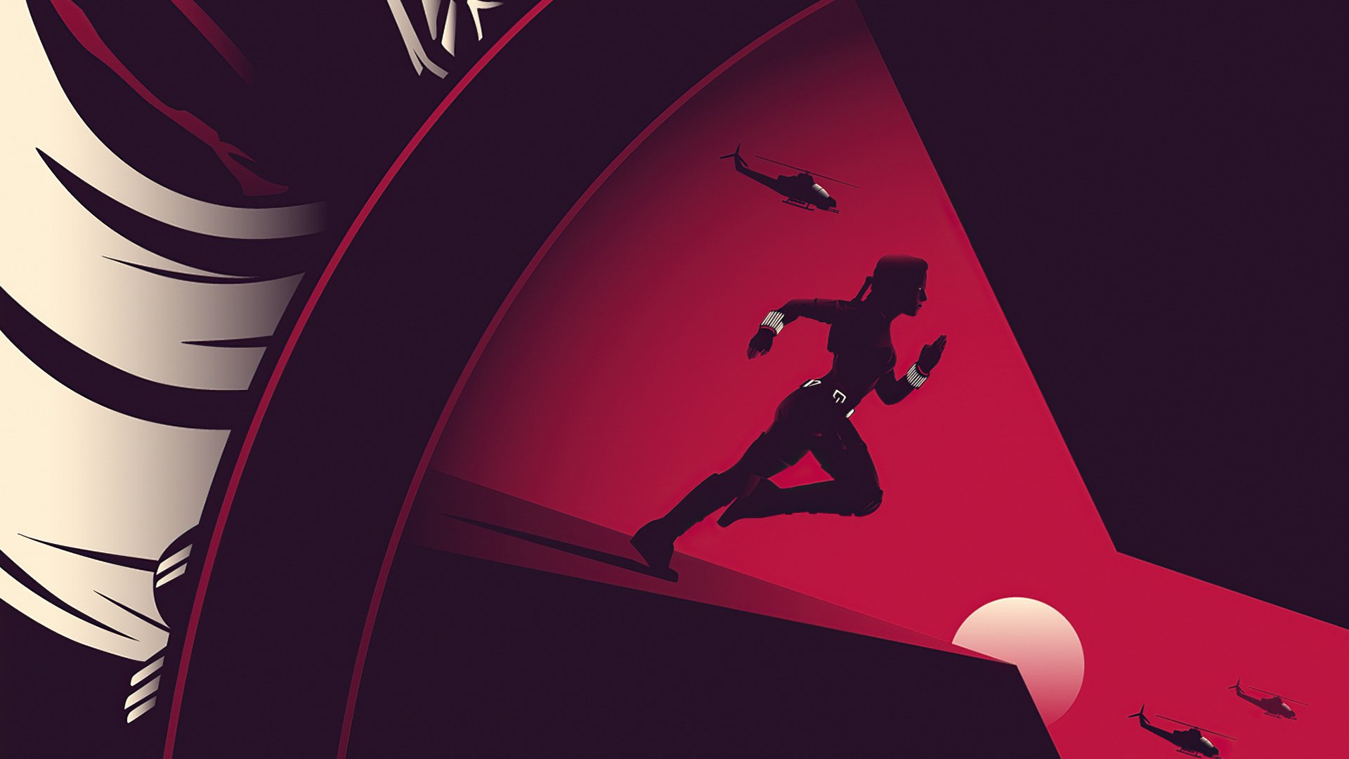 5K Ultra HD PC desktop wallpaper: Black Widow movie stylized red-and-black silhouette sprinting beneath helicopters and a rising sun.