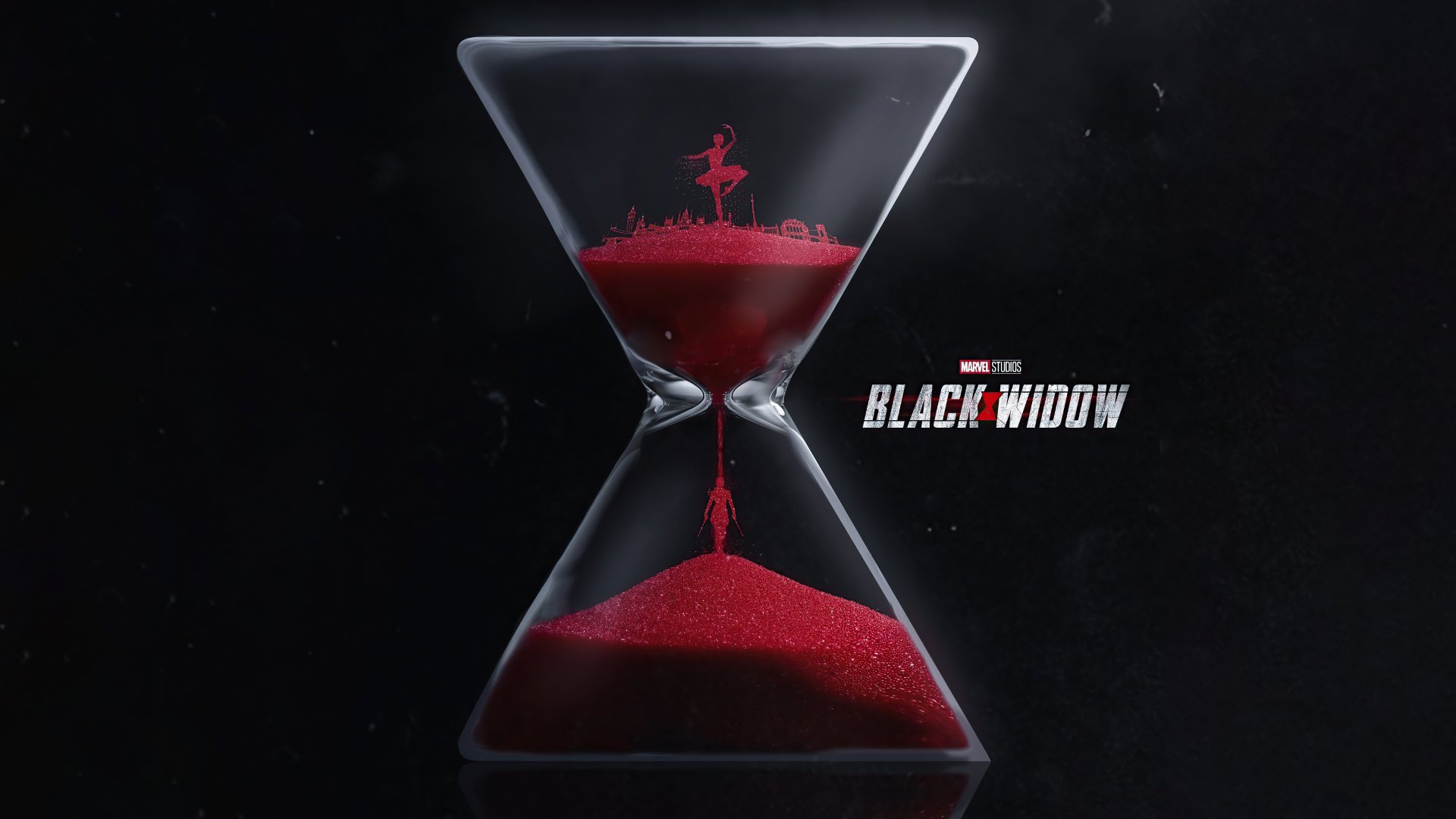 8K Ultra HD PC desktop wallpaper: Black Widow movie hourglass with red sand forming a silhouetted figure, Black Widow logo on a dark, moody background.