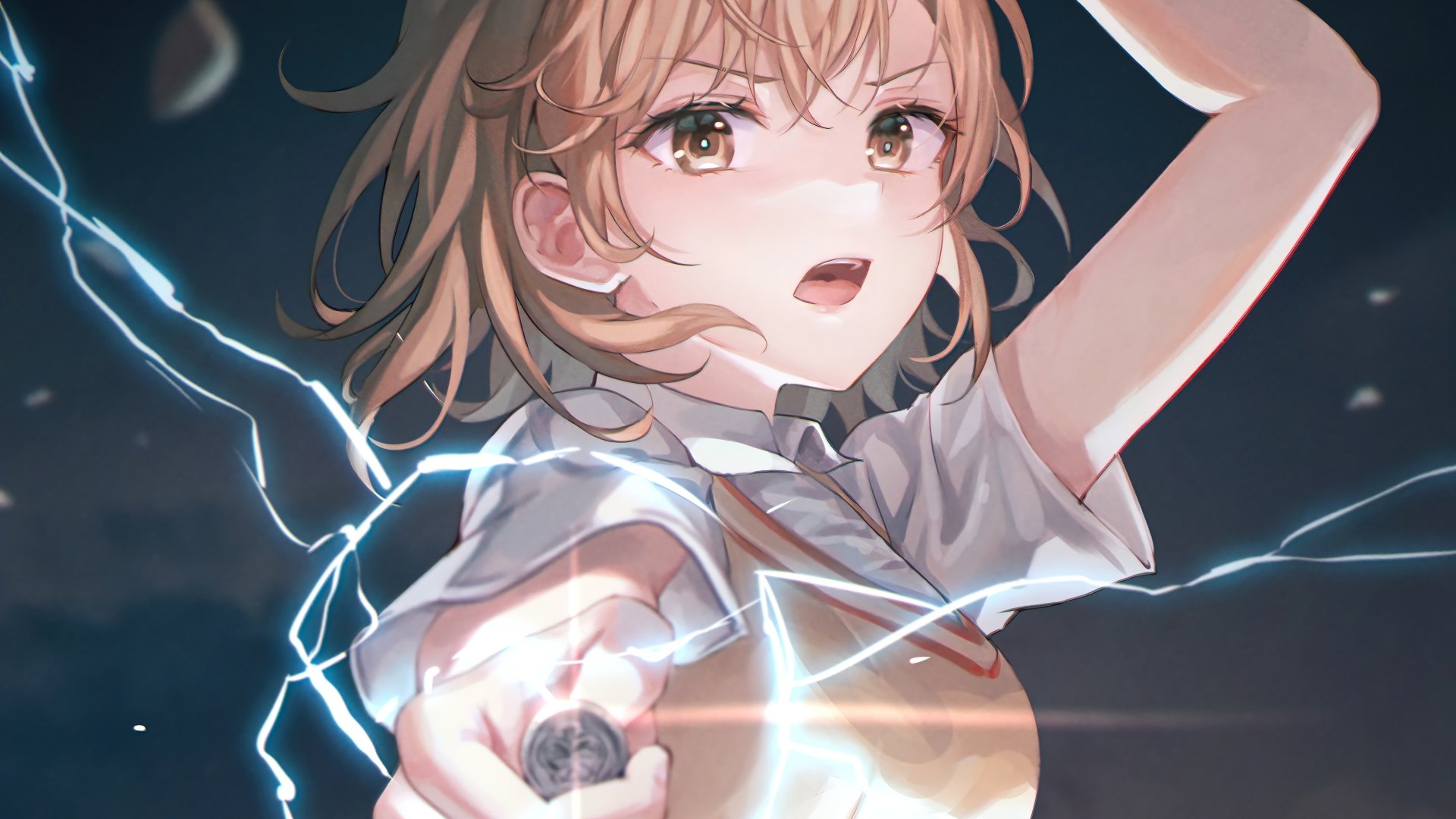 Mikoto Misaka from A Certain Magical Index unleashing electric powers in a dynamic 4K Ultra HD anime desktop wallpaper.