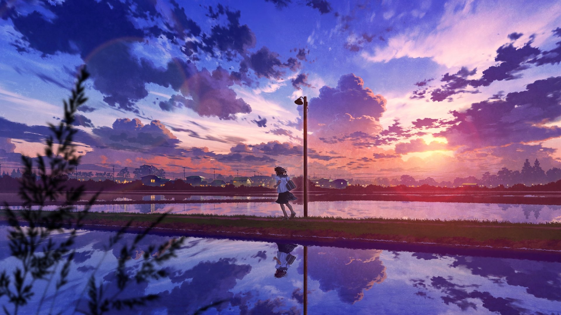 Anime girl in uniform stands by a lamppost at sunset, reflected in water, captured in a vibrant 4K Ultra HD desktop wallpaper scene.