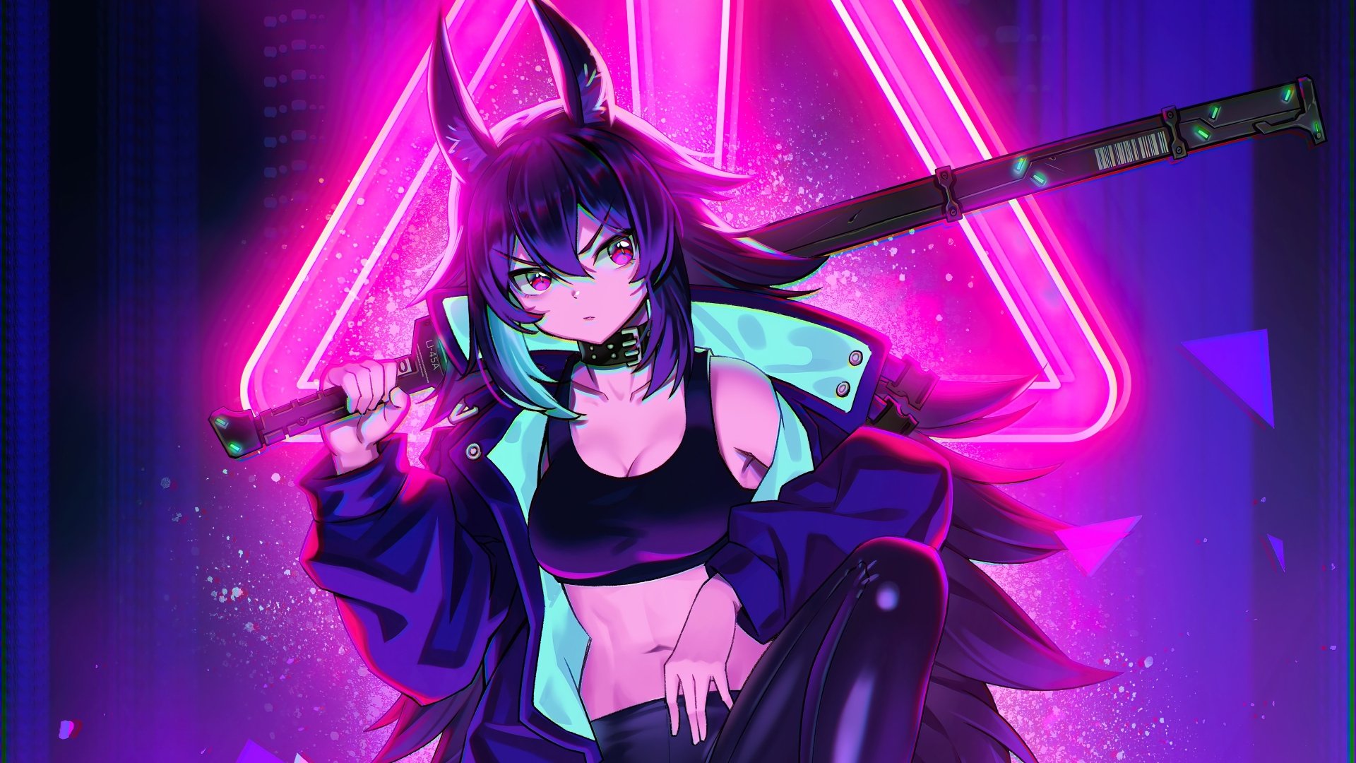 A cyberpunk anime character with glowing purple hair and horns, wielding a katana, set against a neon pink triangular backdrop in 4K Ultra HD.