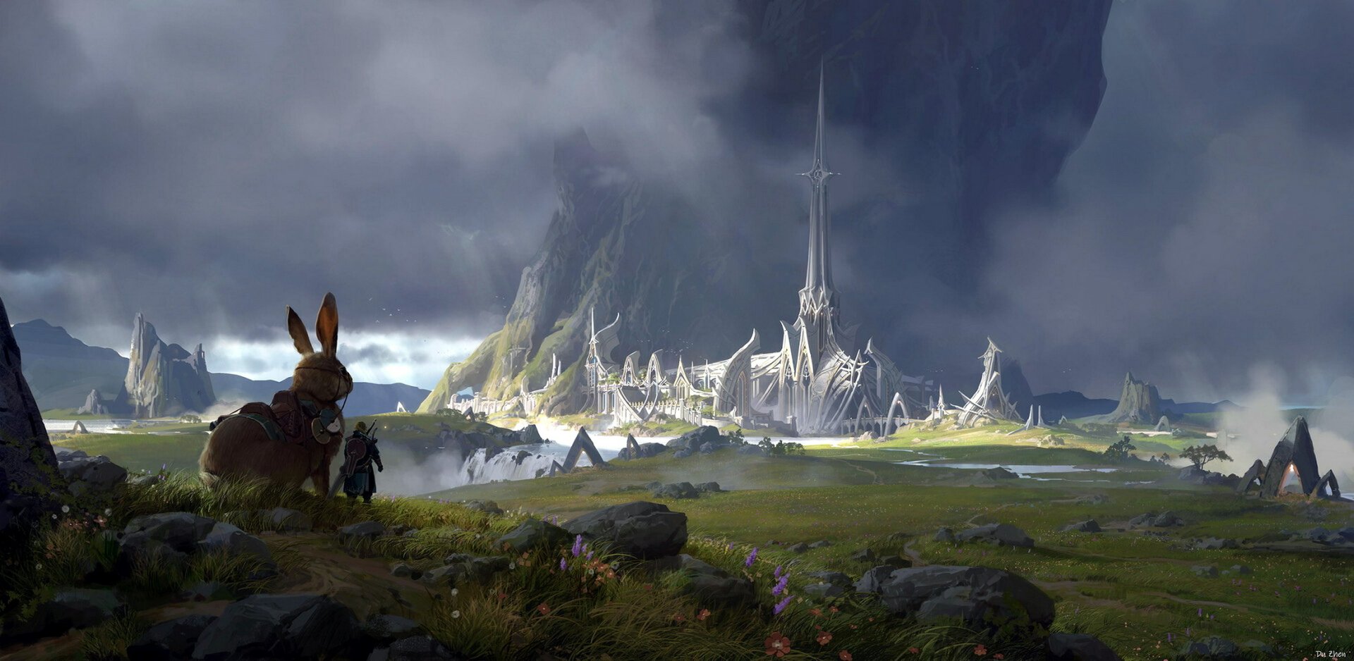 A fantasy adventure HD PC desktop wallpaper featuring a sprawling castle under stormy skies with a rabbit-like figure observing from a grassy hill.