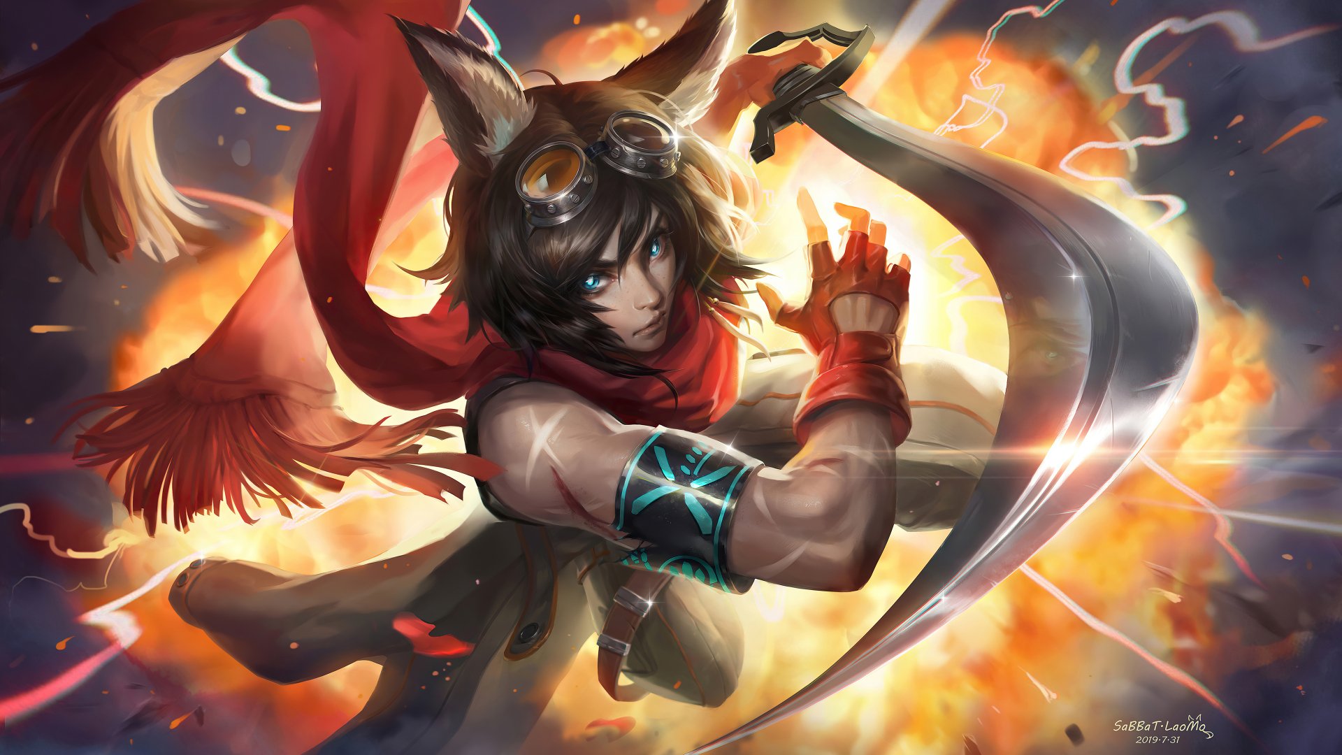 Arknights woman warrior with animal ears and goggles brandishes a curved sword amid fiery clouds, red scarf flowing — 4K Ultra HD PC desktop wallpaper (video game background).