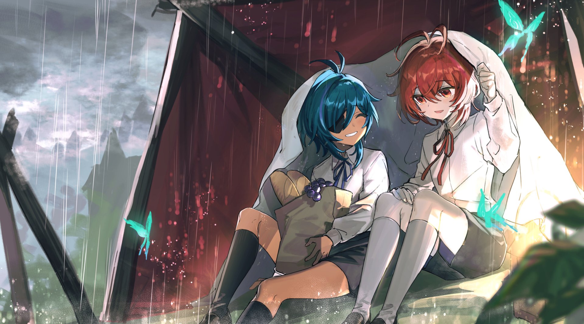 HD desktop wallpaper featuring Diluc and Kaeya from Genshin Impact, sitting under a shelter during rain, with butterflies around them. The vibrant video game art showcases a serene and intimate moment.