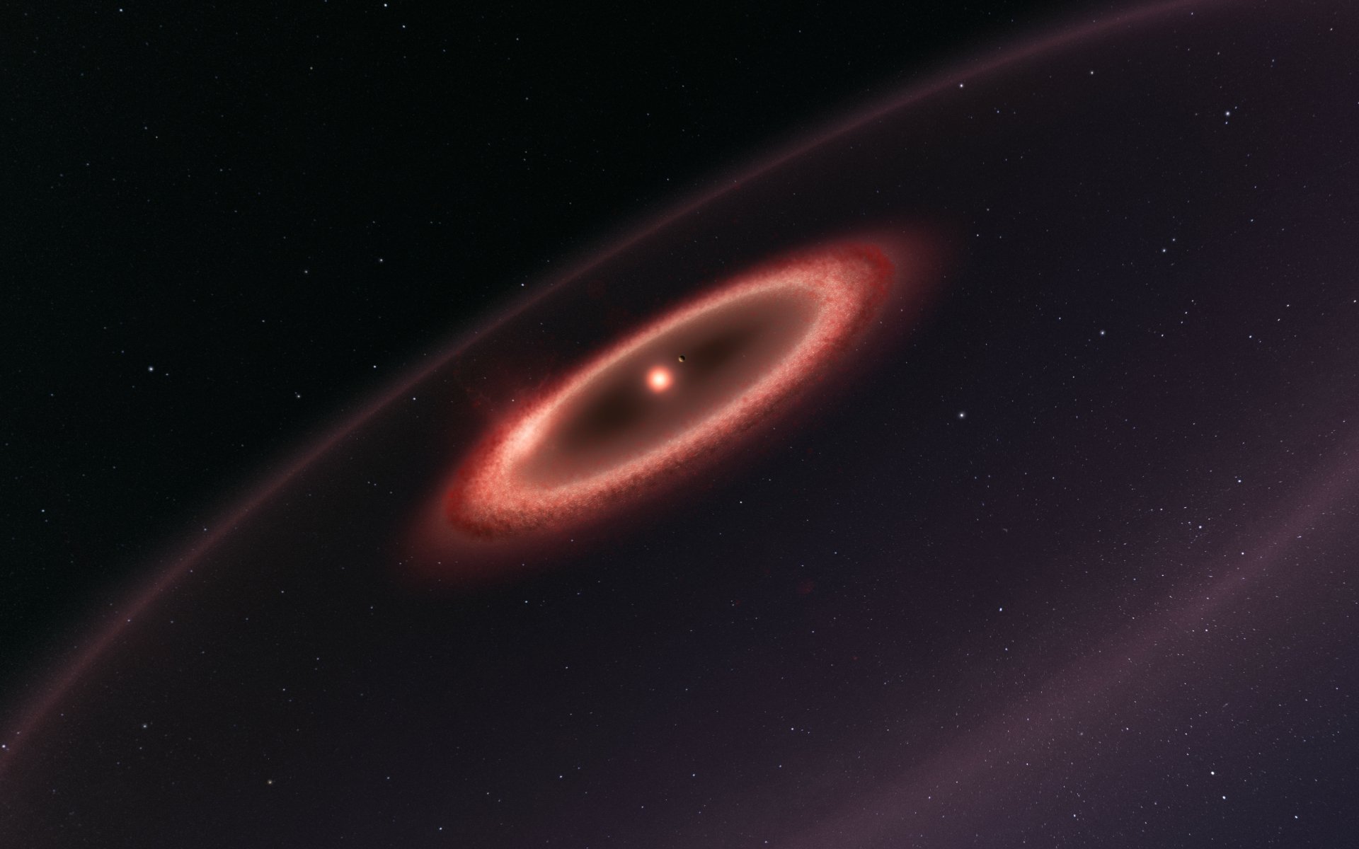 Sci‑Fi space vista: glowing red accretion ring around a bright central star with faint dust rings and starfield — 8K Ultra HD PC desktop wallpaper/background.