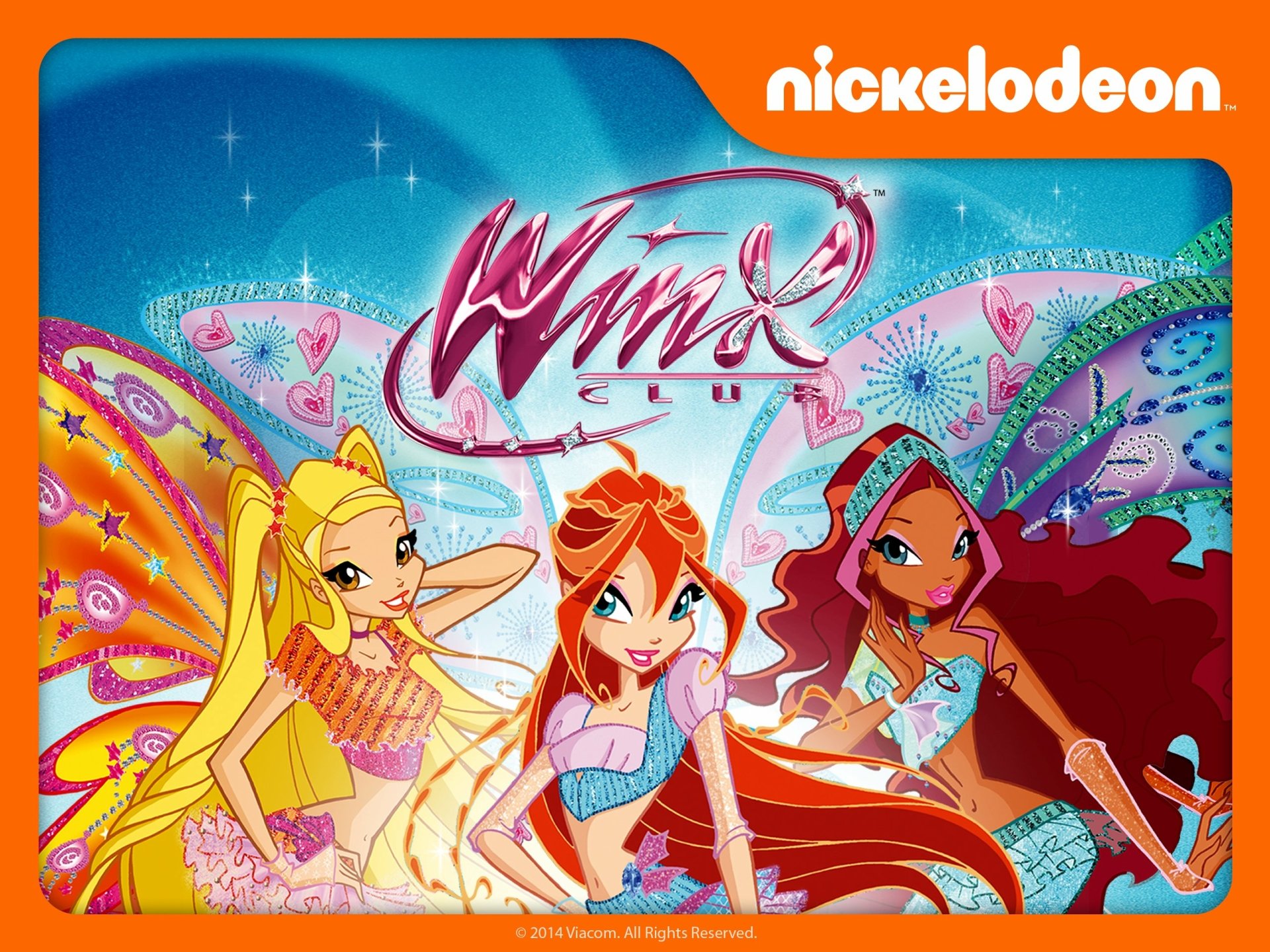 Winx Club logo above fairy trio Stella, Bloom, and Aisha from the TV show, with colorful wings on a vibrant 2K Quad HD PC desktop wallpaper/background.