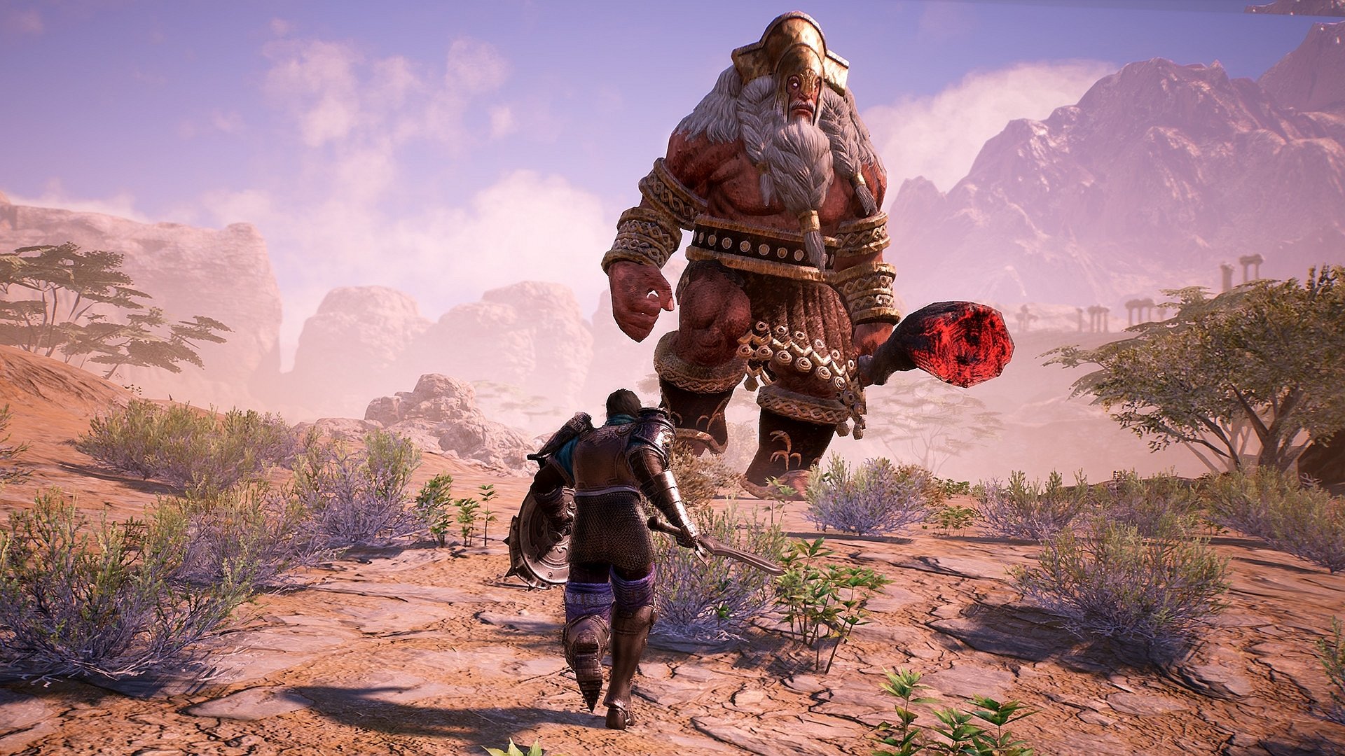 HD wallpaper featuring a warrior facing a giant foe in the game Bless Unleashed, set in a desert landscape backdrop.