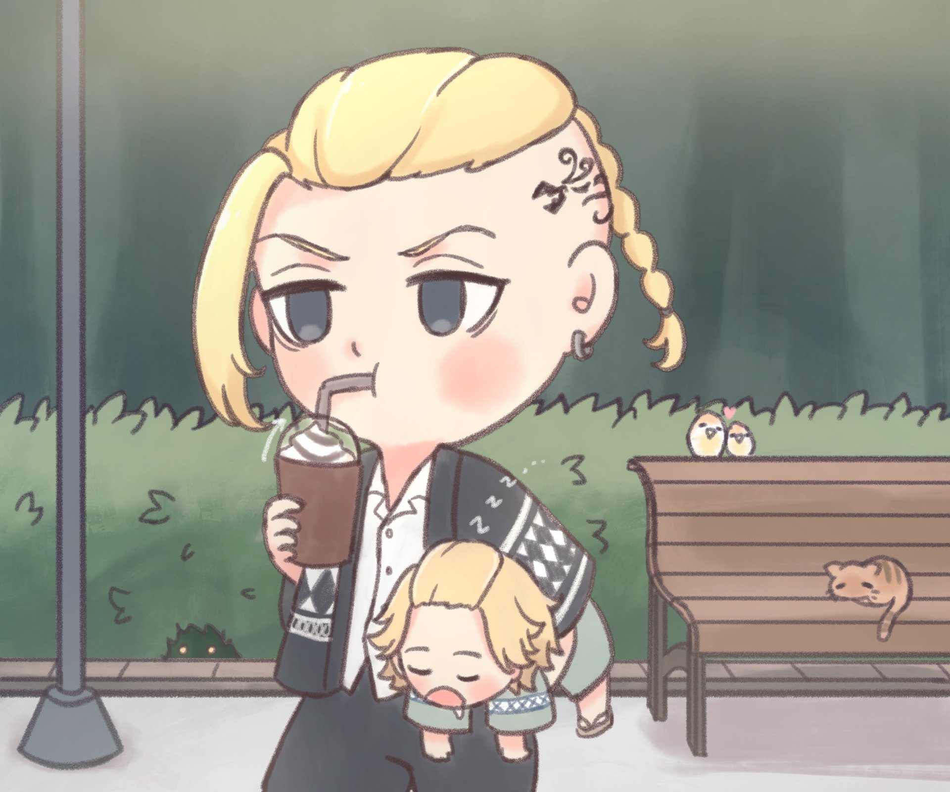 Chibi-style Ken Ryuguji from Tokyo Revengers sipping a drink outdoors, featured in an HD PC desktop wallpaper and background.