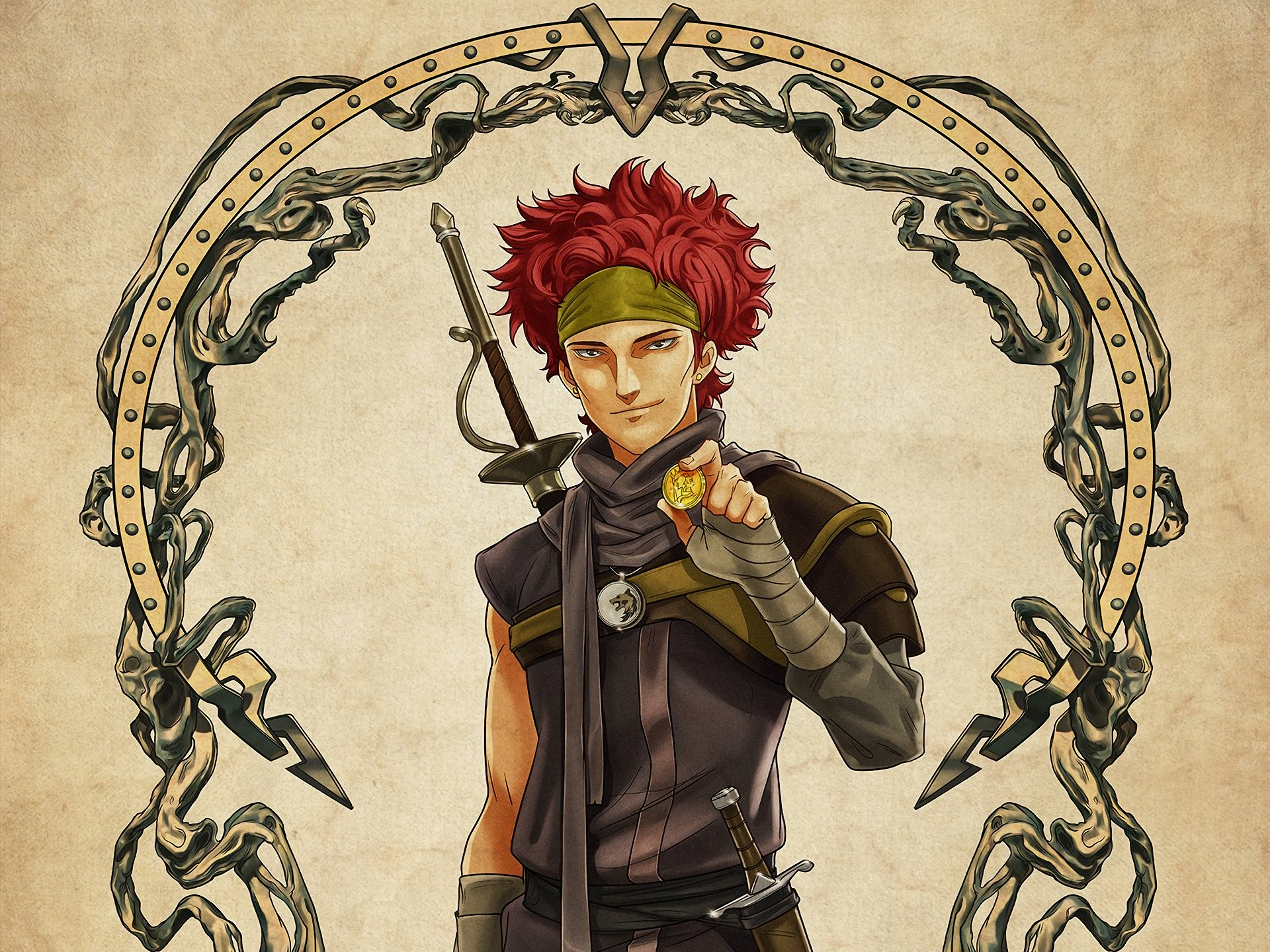 HD PC desktop wallpaper from the movie The Witcher: Nightmare of the Wolf — red‑haired witcher in leather armor and headband, holding a blade, framed by an ornate arch on parchment.