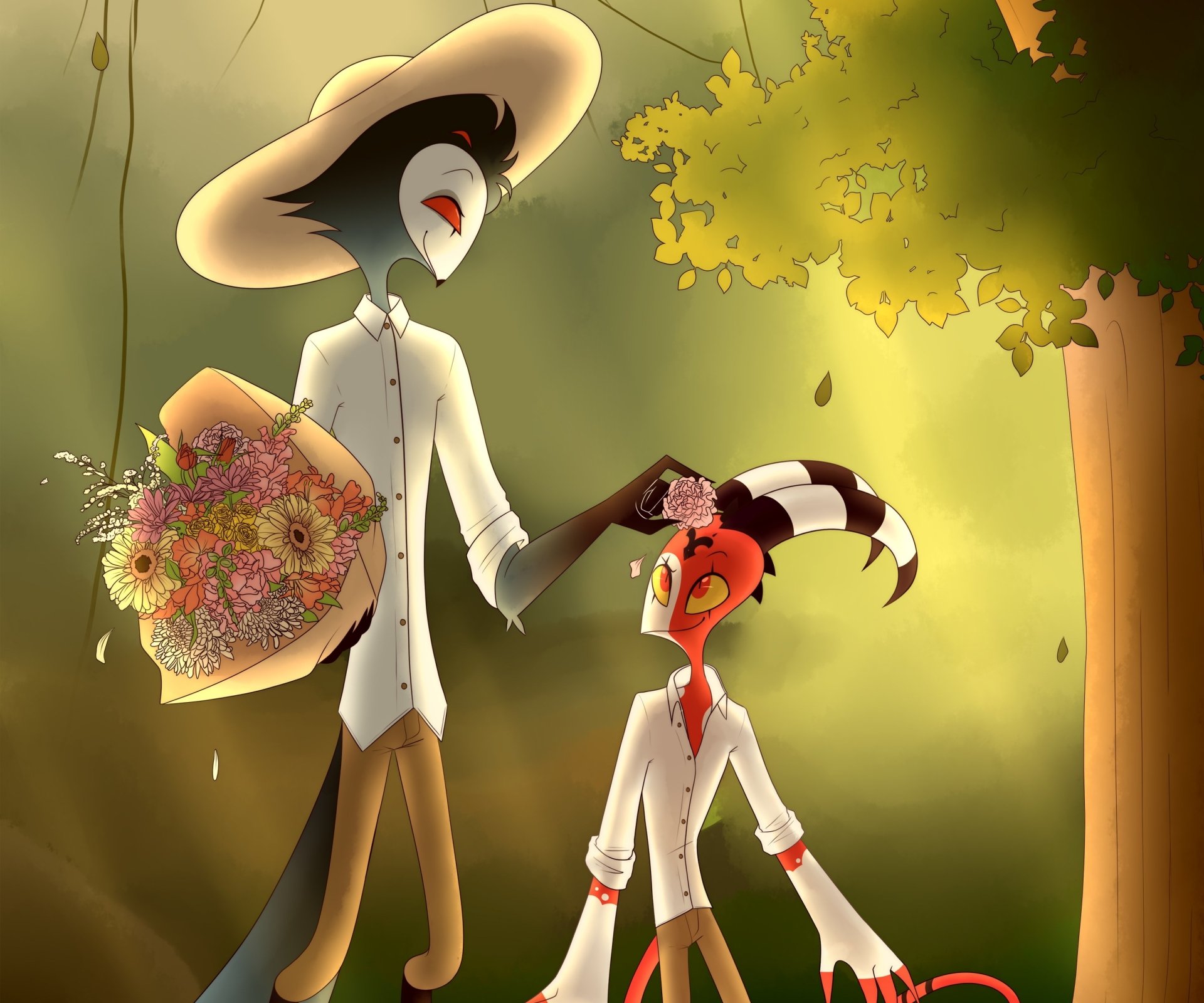 HD desktop wallpaper of Stolas and Blitzo from the TV show Helluva Boss, featuring a warm, nature-filled background with flowers and soft sunlight.