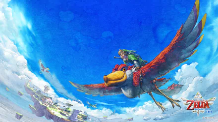 Link riding a Loftwing over floating islands and clouds from The Legend of Zelda: Skyward Sword — vibrant 4K Ultra HD PC desktop wallpaper.