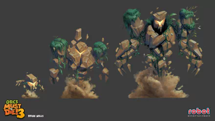 HD desktop wallpaper featuring character animation stages from Orcs Must Die! 3 game with a transformative golem emerging from rocks to a full-standing figure.