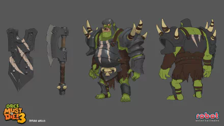 HD Orcs Must Die! 3 character concept art wallpaper featuring detailed design sketches of an orc warrior with armor and weapon.