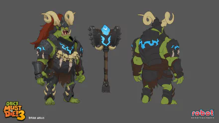 Orcs Must Die! 3 character design HD wallpaper featuring an armored orc with blue energy accents, carrying a large hammer, viewed from different angles.
