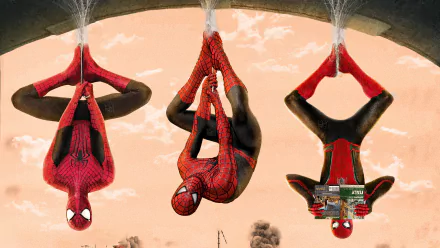 Three Spider-Men hang upside down from webs in a scene from Spider-Man: No Way Home, featuring Peter Parker as the superhero. The image is a high-definition desktop wallpaper.