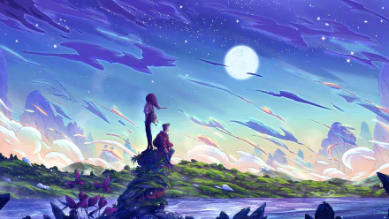 A fantasy HD wallpaper featuring a couple gazing at the moon in a dreamy landscape with vibrant colors and a starry sky.