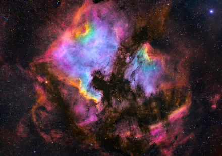 8K Ultra HD sci‑fi nebula desktop wallpaper and background: vivid pink, purple and teal gas clouds framing dark dust lanes across a starfield.