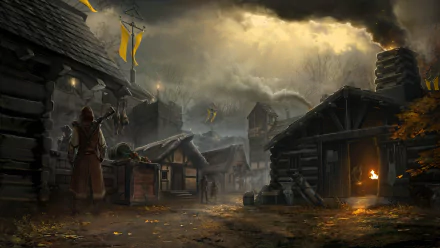 4K Ultra HD PC desktop wallpaper featuring a dark, atmospheric village scene from the video game New World with cloudy skies and medieval-style buildings.