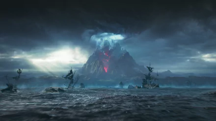 4K Ultra HD PC desktop wallpaper featuring a dark, stormy sea with shipwrecks and a volcanic island from the video game New World.