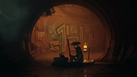 HD PC desktop wallpaper from the video game Stray, showing a silhouetted figure with a cat inside a dimly lit tunnel adorned with graffiti and warm lantern light.