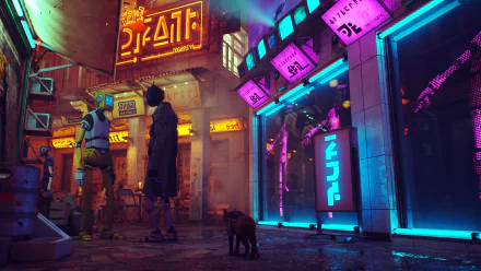 HD desktop wallpaper from the video game Stray featuring a futuristic city scene at night with neon lights, robots, and a small cat in the foreground.