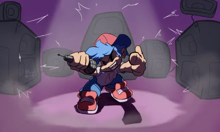 HD desktop wallpaper featuring a dynamic scene from the video game Friday Night Funkin', showcasing the main character singing with speakers in the background.