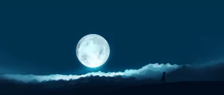 Anime girl silhouette gazes at a bright full moon above clouds in a serene night sky, rendered in 4K Ultra HD for a vivid PC desktop wallpaper.