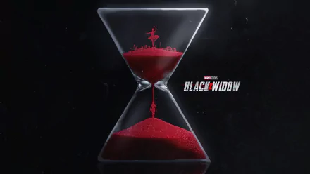 8K Ultra HD PC desktop wallpaper: Black Widow movie hourglass with red sand forming a silhouetted figure, Black Widow logo on a dark, moody background.