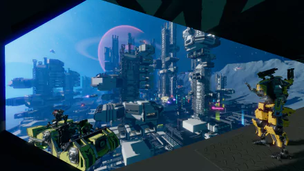 HD desktop wallpaper featuring a futuristic Starbase cityscape with towering skyscrapers, advanced vehicles, and a vibrant alien planet in the backdrop.