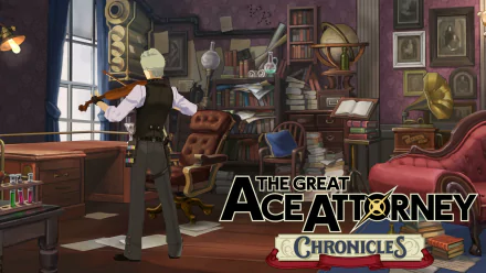 HD wallpaper of The Great Ace Attorney Chronicles featuring a character playing the violin in a vintage study room.