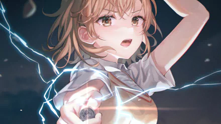 Mikoto Misaka from A Certain Magical Index unleashing electric powers in a dynamic 4K Ultra HD anime desktop wallpaper.