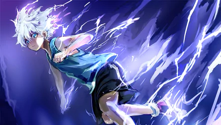 Killua Zoldyck from the anime Hunter x Hunter dashes through a dynamic scene filled with electric energy, depicted in vivid 4K Ultra HD for a striking desktop wallpaper.