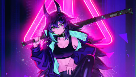 A cyberpunk anime character with glowing purple hair and horns, wielding a katana, set against a neon pink triangular backdrop in 4K Ultra HD.