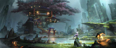 HD desktop wallpaper featuring Xiao from Genshin Impact, set in a mystical landscape with elaborate architecture and lush scenery, blending fantasy and serene beauty.