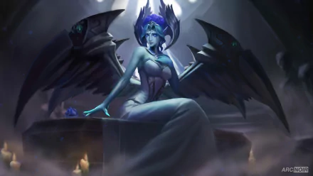 Morgana (League of Legends) seated on a stone altar with dark wings unfurled, candles and mist — 4K Ultra HD PC desktop wallpaper/background, video game art.
