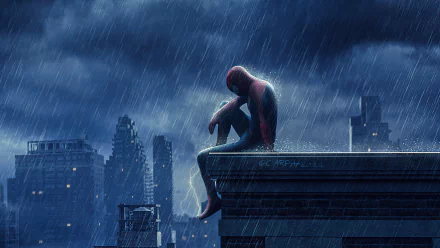 Spider-Man sits on a rooftop in the rain, overlooking a cityscape under a stormy sky. Inspired by the movie Spider-Man: No Way Home. HD wallpaper.