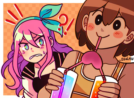 HD PC desktop wallpaper featuring Kel and Aubrey from the video game OMORI, each drinking from colorful cups against a warm, patterned background.