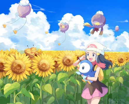 sunflower Drifloon (Pokémon) Combee (Pokémon) Piplup (Pokémon) Dawn (Pokémon) Anime Pokemon HD Desktop Wallpaper | Background Image