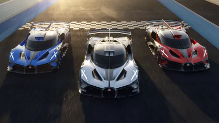 Three Bugatti Bolide supercars in blue, white, and red colors race side by side on a track, showcased in a stunning 4K Ultra HD desktop wallpaper.