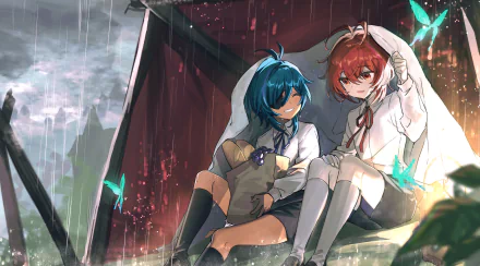HD desktop wallpaper featuring Diluc and Kaeya from Genshin Impact, sitting under a shelter during rain, with butterflies around them. The vibrant video game art showcases a serene and intimate moment.